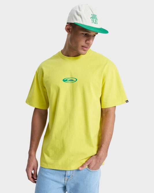 Image of a model wearing Tops. Productname: quiksilver Mens Sunflowers Surfing T-Shirt Acacia - in Acacia colour by brand - Quiksilver