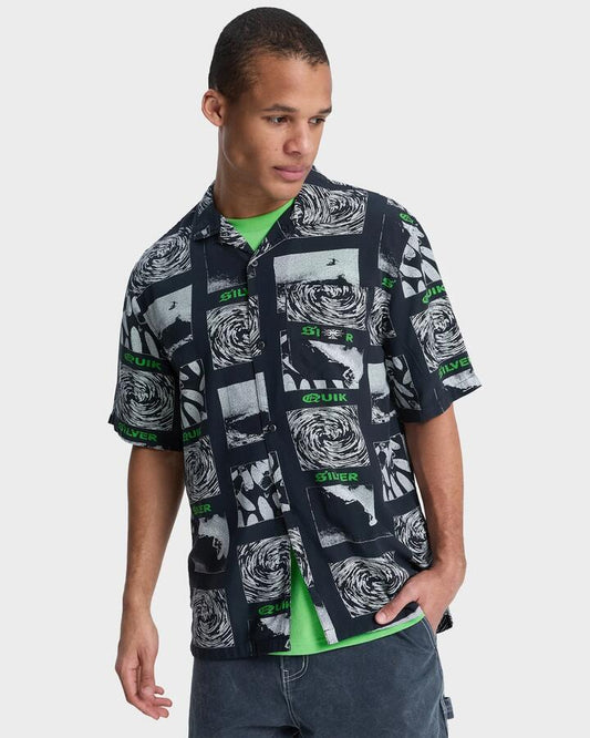 Image of a model wearing Tops. Productname: quiksilver Mens Mercury Tubes Short Sleeve Shirt Mercury Tube Black - in Mercury Tube Black colour by brand - Quiksilver