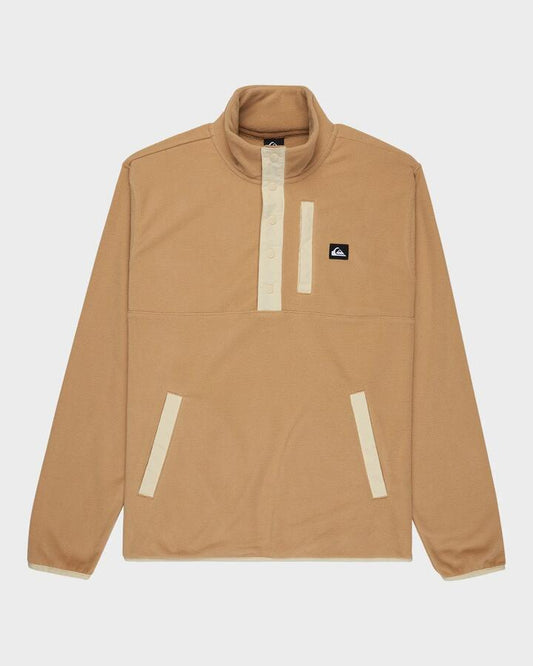 Image of a model wearing Outerwear. Product name - Quiksilver Mens No Destination Half Zip Fleeece Jumper Khaki in Khaki colour by brand - Quiksilver