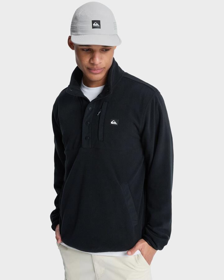 Image of a model wearing Outerwear. Productname: quiksilver Mens No Destination Half Zip Fleeece Jumper Black - in Black colour by brand - Quiksilver