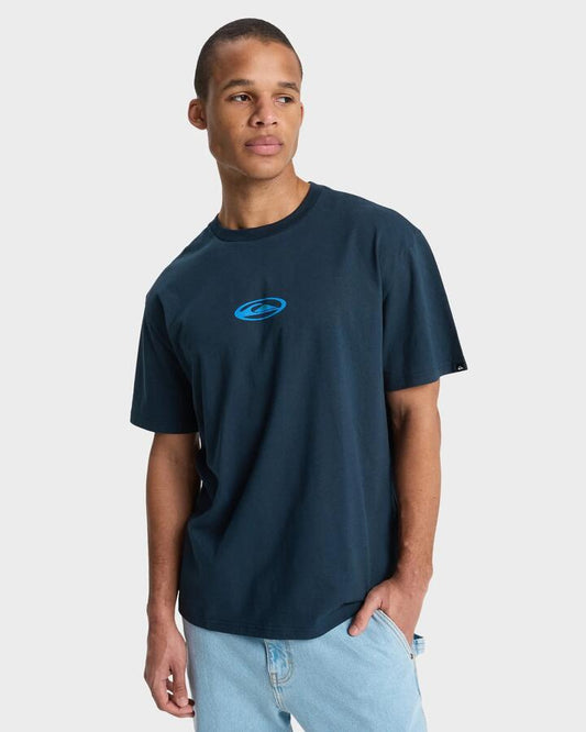 Image of a model wearing Tops. Productname: quiksilver Mens Sunflowers Surfing T-Shirt Dark Navy - in Dark Navy colour by brand - Quiksilver