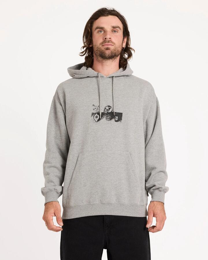 Image of a model wearing Outerwear. Product name - Volcom Mens Fa Seth Conboy Pullover Hoodie Heather Grey in Heather Grey colour by brand - Volcom
