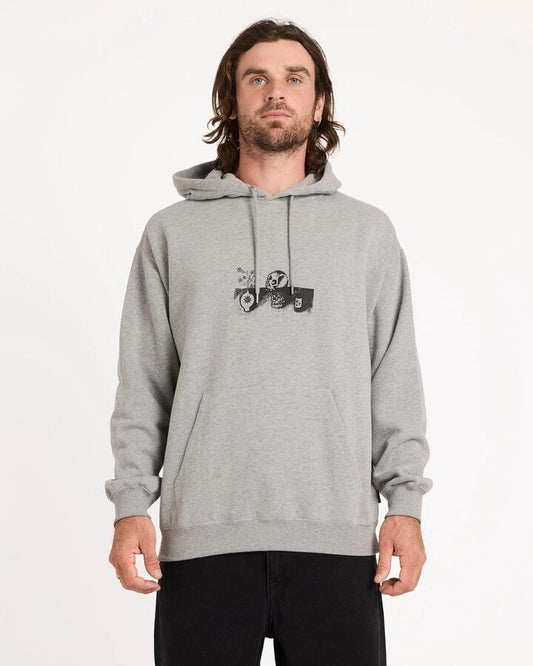 Image of a model wearing Outerwear. Product name - Volcom Mens Fa Seth Conboy Pullover Hoodie Heather Grey in Heather Grey colour by brand - Volcom