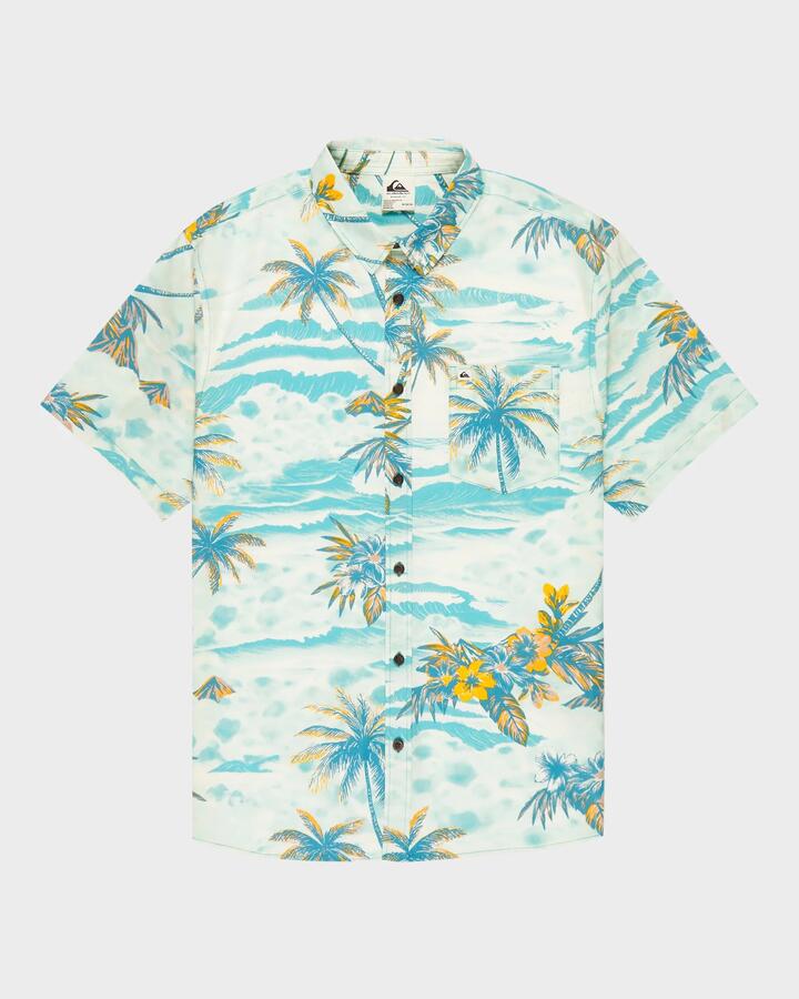Image of a model wearing Tops. Productname: quiksilver - Mens Apero Classic Short Sleeve Shirt - Aqua Sundown - in Aqua Sundown colour by brand - quiksilver