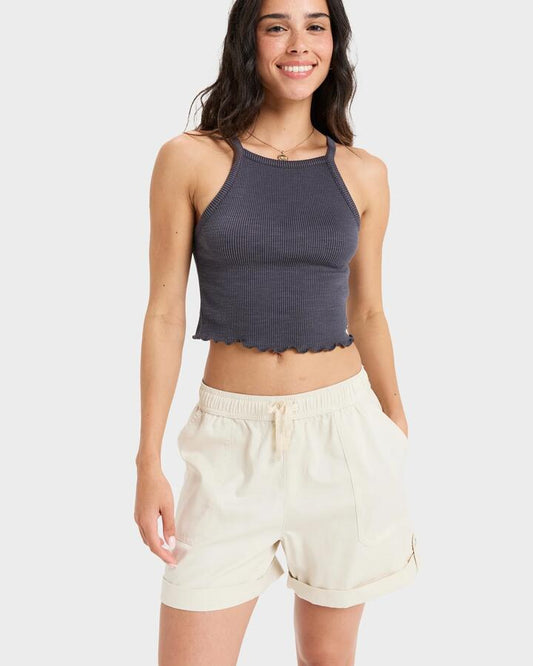 Image of a model wearing Shorts. Productname: roxy - Womens Sweetest Day Elastic Waist Shorts - Egret - in Egret colour by brand - roxy