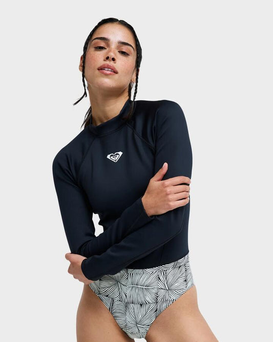 Image of a model wearing Tops. Productname: roxy - Womens Pro Surf Long Sleeve Rash Vest - Anthracite Popiscus - in Anthracite Popiscus colour by brand - roxy