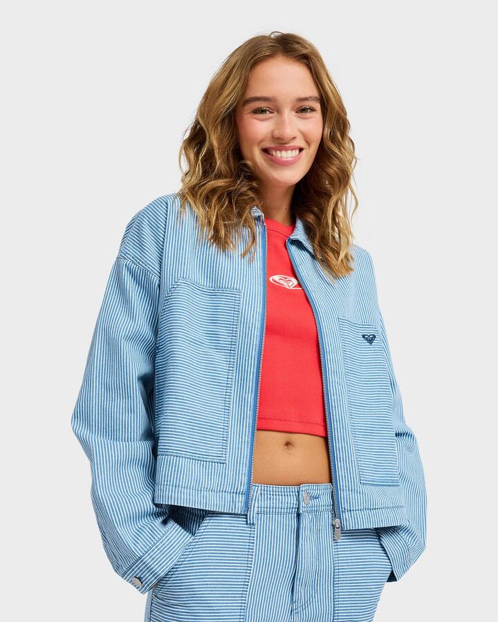 Image of a model wearing Uniforms & Workwear. Productname: roxy - Womens Beachfront Bliss Workwear Jacket - Coconut Milk Denim Stripe - in Coconut Milk Denim Stripe colour by brand - roxy