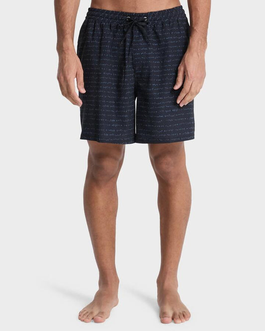 Image of a model wearing Shorts. Productname: quiksilver - Mens Stretch Printed Volley 17" Swim Shorts - Black Quik Thoughts - in Black Quik Thoughts colour by brand - quiksilver
