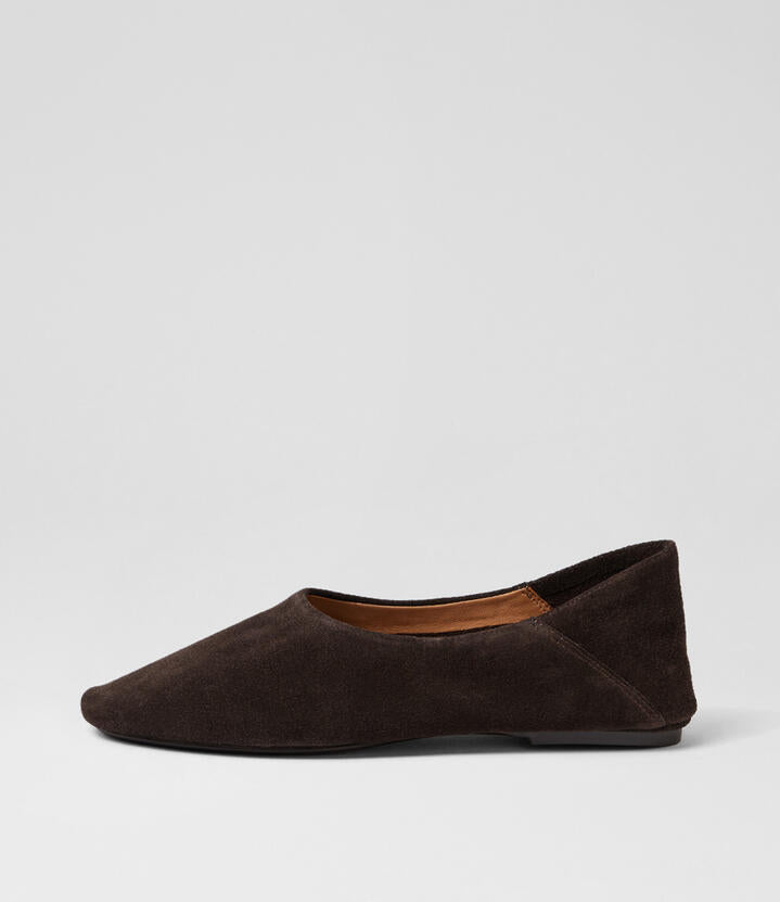 Image of Shoes. Productname: Eeco Chocolate Suede Ballet Flats in Chocolate colour by brand - MIDAS