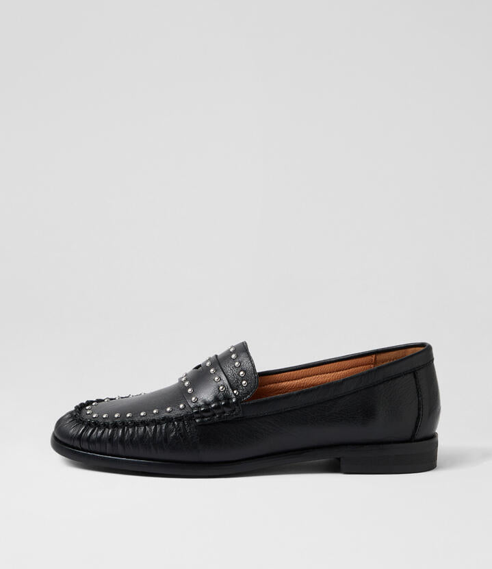 Image of Flats. Productname: Meepo Black Leather Loafers in Black colour by brand - MIDAS