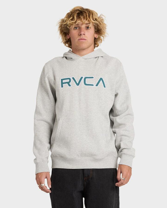 Image of a model wearing Outerwear. Product name - RVCA Mens Rvca Pullover Hoodie Heather Grey in Heather Grey colour by brand - RVCA