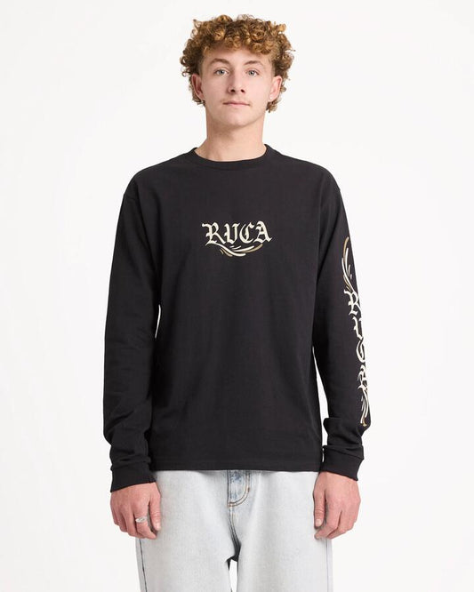 Image of a model wearing Tops. Product name - RVCA Mens Retract Long Sleeve T-Shirt Black in Black colour by brand - RVCA