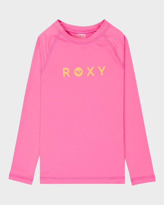 Image of a model wearing Tops. Product name - Roxy Girls 2-7 Essential Long Sleeve Rash Vest Sangria Sunset in Sangria Sunset colour by brand - Roxy