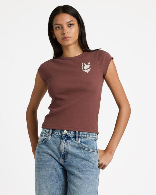 Image of T-Shirts. Product name - RVCA Womens Ribbed Slim T-Shirt Terra Brown in Terra Brown colour by brand - RVCA
