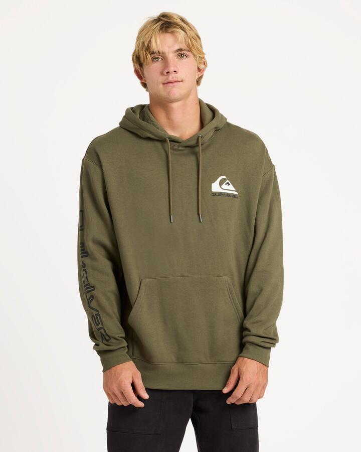 Image of a model wearing Outerwear. Product name - Quiksilver Mens Omni Logo Pullover Hoodie Grape Leaf in Grape Leaf colour by brand - Quiksilver