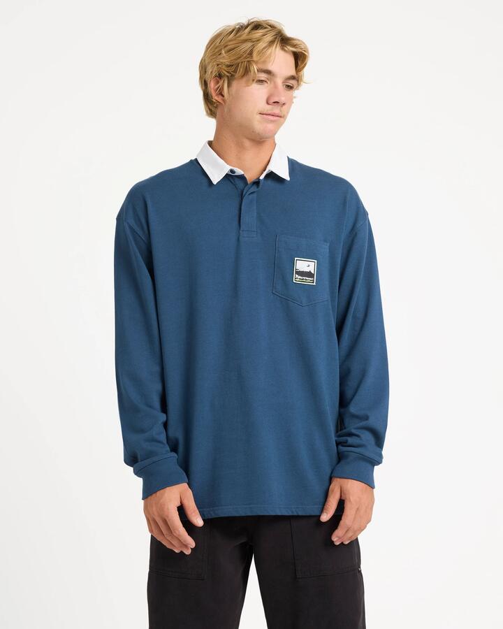 Image of a model wearing Tops. Product name - Quiksilver Mens Mercury Rugby Long Sleeve T-Shirt Black in Black colour by brand - Quiksilver