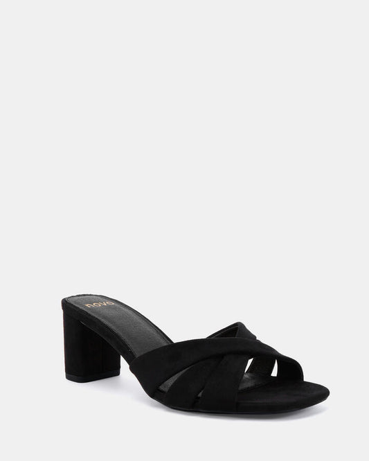 Image of Heels. Productname: Ulliam: Black Suede - Women's Strappy - Low Heel in Black colour by brand - Novo