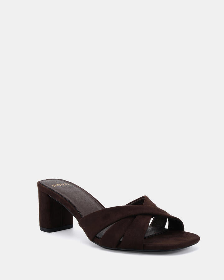 Image of Heels. Productname: Ulliam: Espresso Suede - Women's Strappy - Low Heel in Espresso Suede colour by brand - Novo
