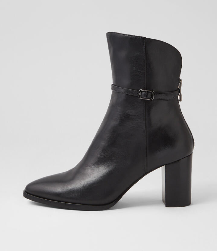 Image of Boots. Productname: Aikido Black Leather Ankle Boots in Black-Black Heel colour by brand - MIDAS