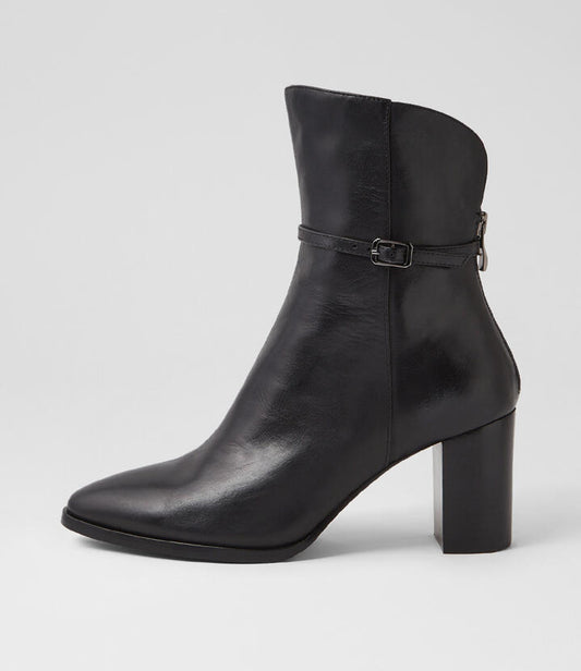 Image of Boots. Productname: Aikido Black Leather Ankle Boots in Black-Black Heel colour by brand - MIDAS