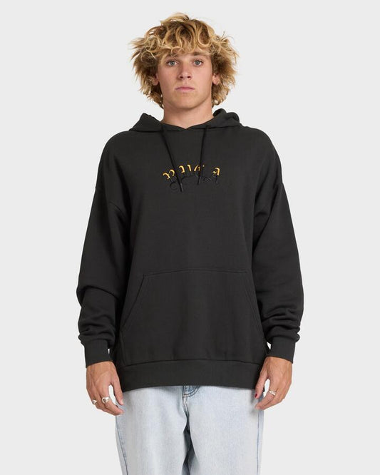 Image of a model wearing Outerwear. Product name - RVCA Mens Olde Rvca Pullover Hoodie Pirate Black in Pirate Black colour by brand - RVCA