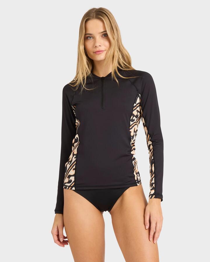 Image of a model wearing Tops. Productname: billabong - Womens Dark Wave Half Long Sleeve Rashvest - Black Pebble - in Black Pebble colour by brand - billabong
