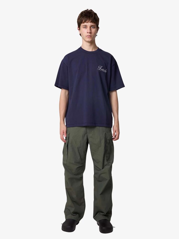 Image of a model wearing Tops. Productname: Article One Double Script Tee in Navy colour by brand - Article One