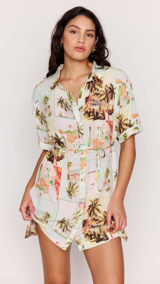 Image of Dresses. Product name - Vintage Postcard Print Mini Shirtdress in Vintage Postcards colour by brand - MINKPINK