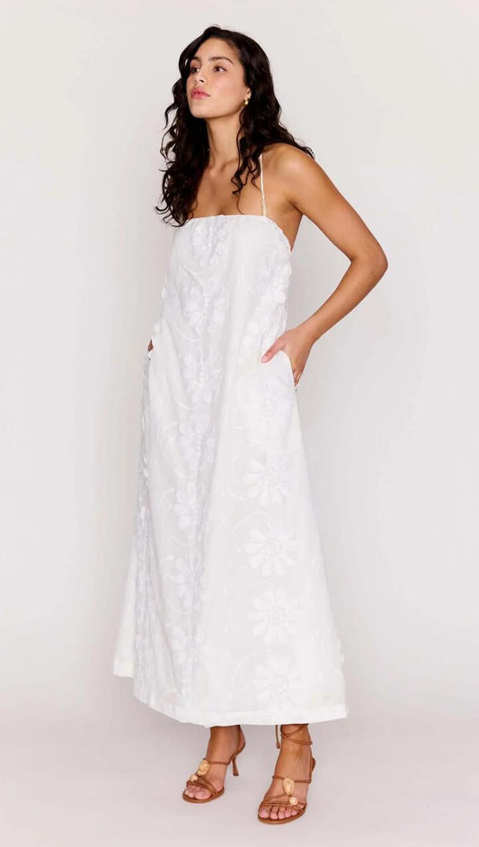 Image of Dresses. Product name - White Cotton Floral Applique Lace-Back Maxi Dress in White colour by brand - MINKPINK