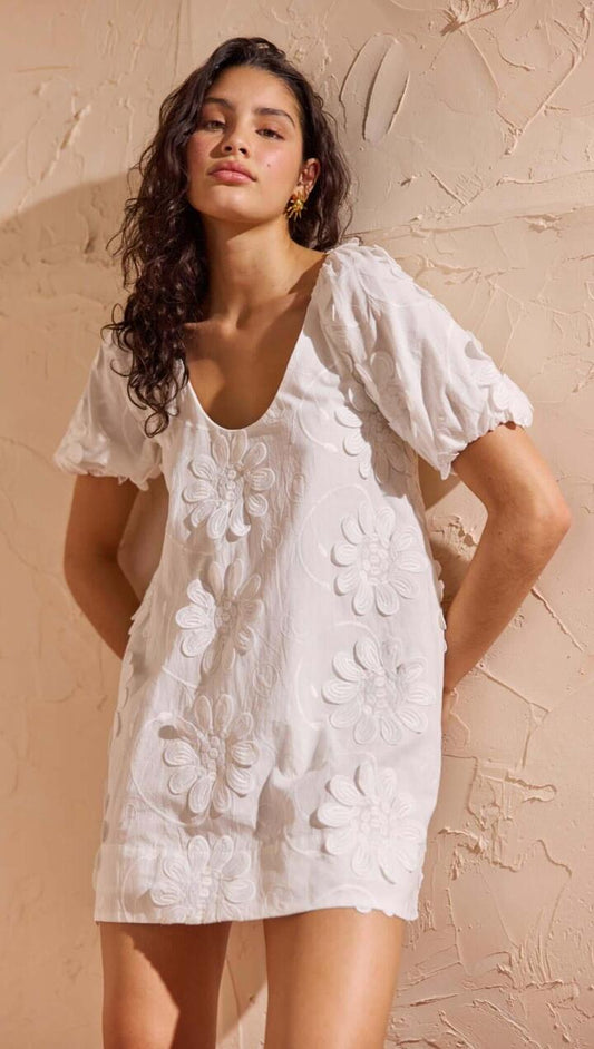 Image of Dresses. Product name - White Cotton Floral Applique Smock Mini Dress in White colour by brand - MINKPINK