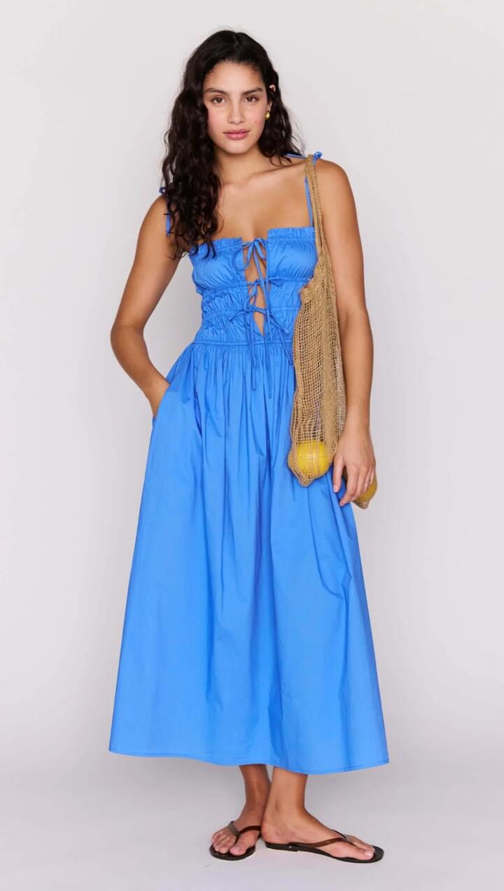 Image of Dresses. Product name - Blue Cotton Tie Detail Midi Dress in Jacaranda Blue colour by brand - MINKPINK