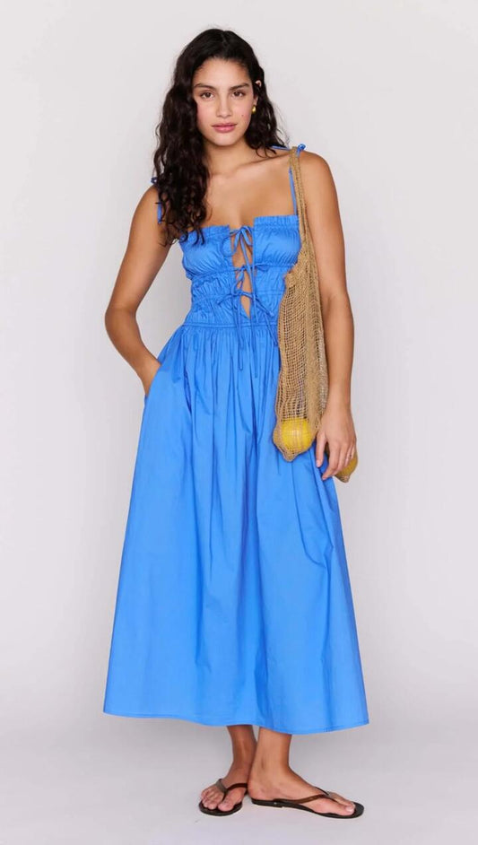 Image of Dresses. Product name - Blue Cotton Tie Detail Midi Dress in Jacaranda Blue colour by brand - MINKPINK