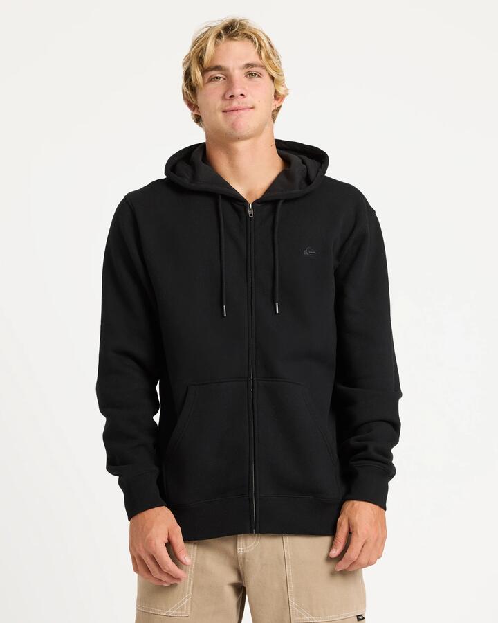 Image of a model wearing Outerwear. Product name - Quiksilver Mens Salt Water Zip Up Hoodie Black in Black colour by brand - Quiksilver