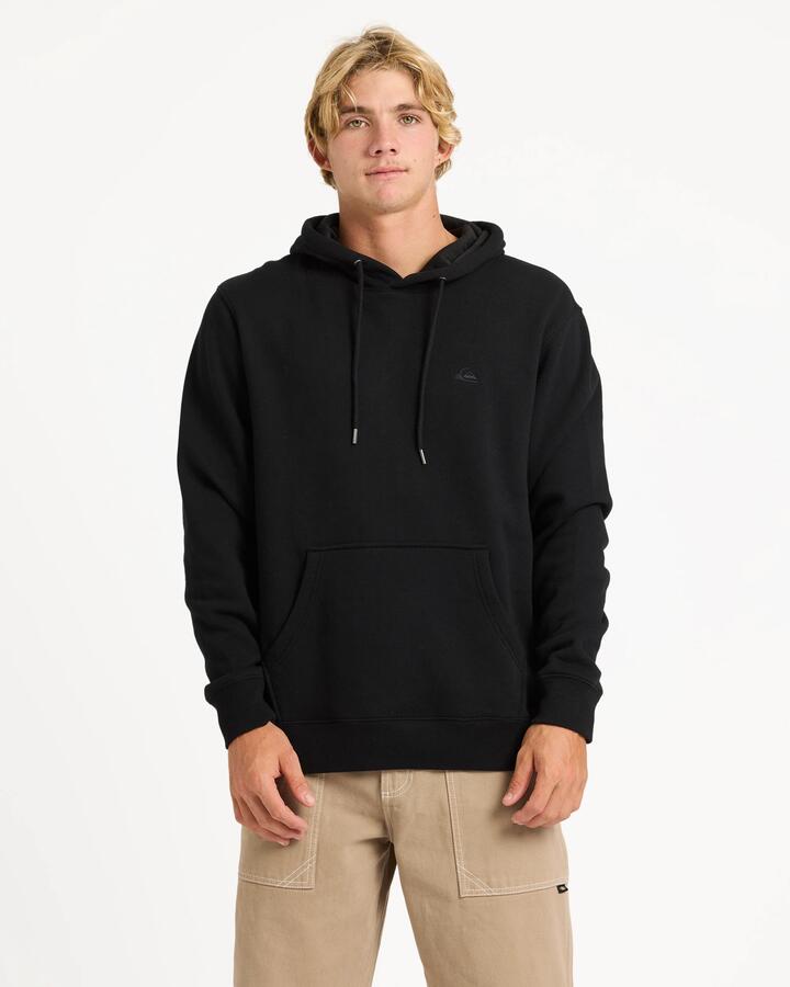 Image of a model wearing Outerwear. Product name - Quiksilver Mens Salt Water Pullover Hoodie Black in Black colour by brand - Quiksilver