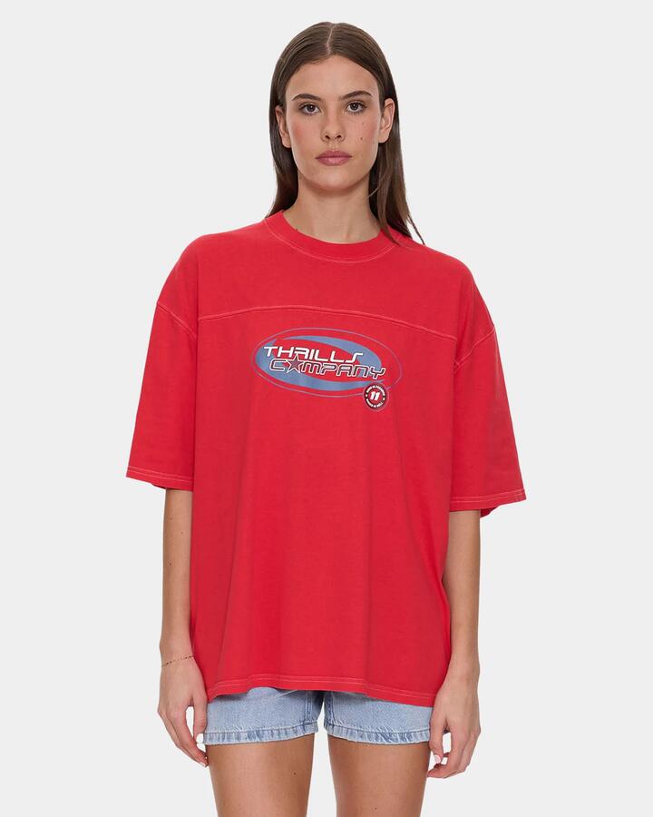 Image of T-Shirts. Product name - Thrills Womens Track Record Oversized T-Shirt Flame Red in Flame Red colour by brand - Thrills