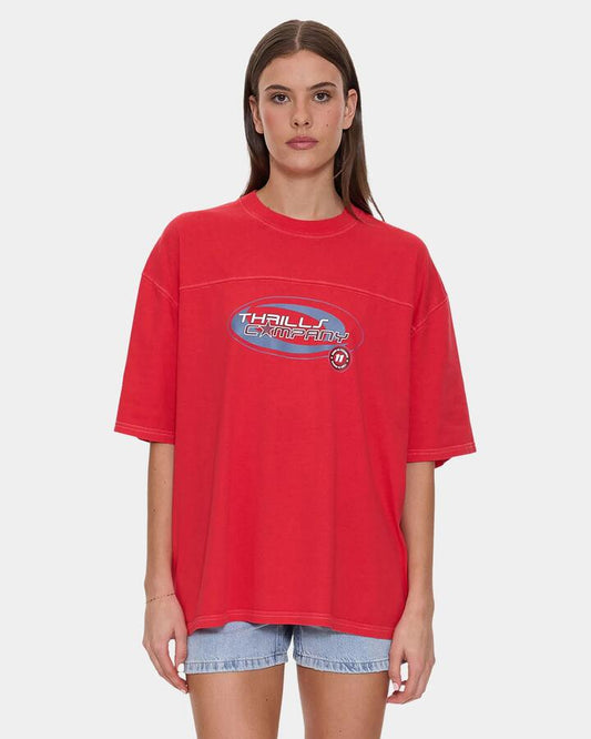 Image of T-Shirts. Product name - Thrills Womens Track Record Oversized T-Shirt Flame Red in Flame Red colour by brand - Thrills