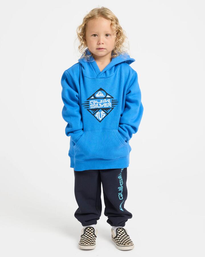Image of a model wearing Outerwear. Product name - Quiksilver Boys 2-7 Heritage Damon Pullover Hoodie Nebulas Blue in Nebulas Blue colour by brand - Quiksilver
