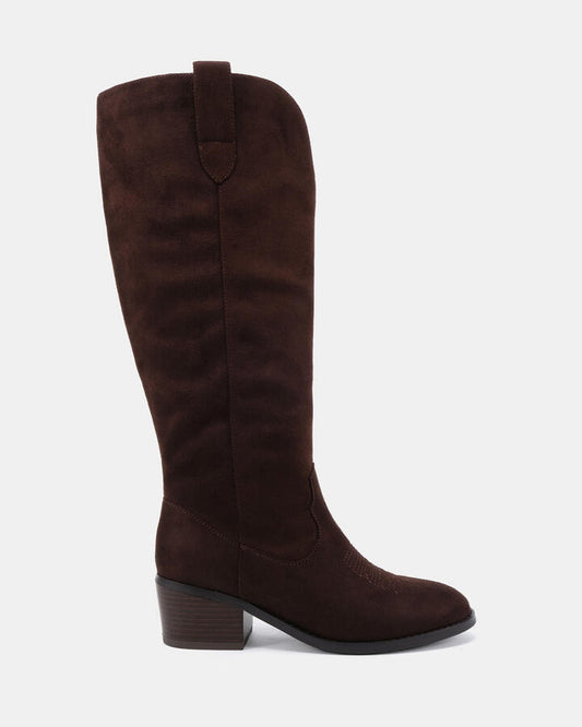 Image of Boots. Productname: Harlan: Espresso Suede - Women's Boot Low-mid Heel in Espresso Suede colour by brand - Novo