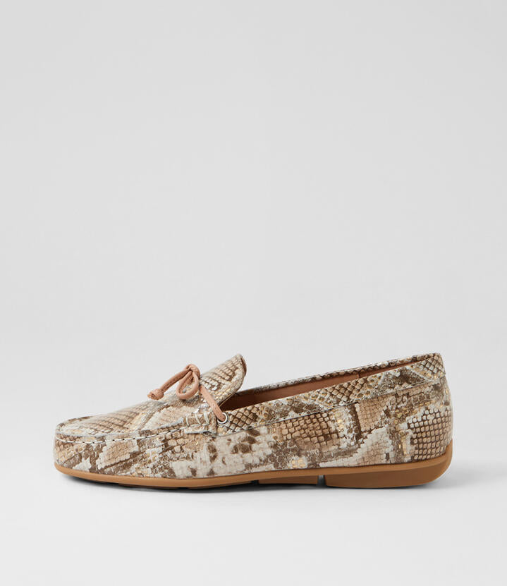 Image of Flats. Productname: Reesus Neutral Metallic Snake Leather Loafers in Neutral Metallic colour by brand - MIDAS
