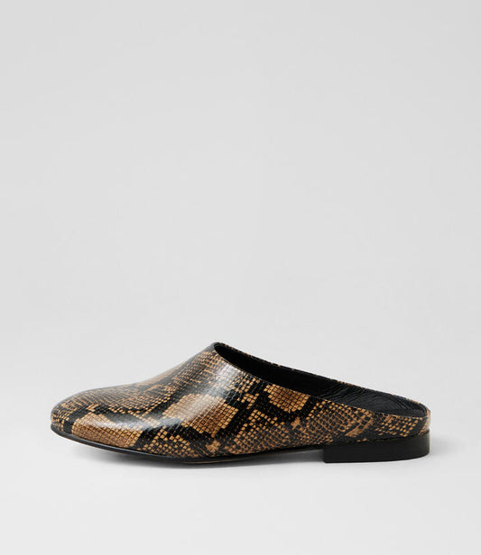 Image of Sandals. Productname: Ulysen Fawn Black Snake Leather Mules in Fawn-Black colour by brand - MOLLINI