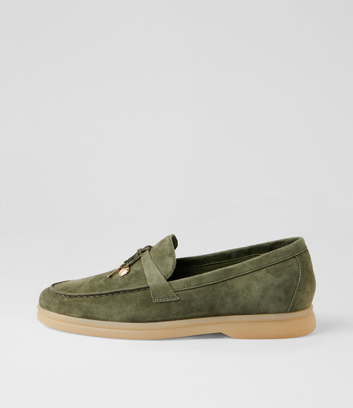Image of Flats. Productname: Lydon Khaki Suede Loafers in Khaki colour by brand - MIDAS