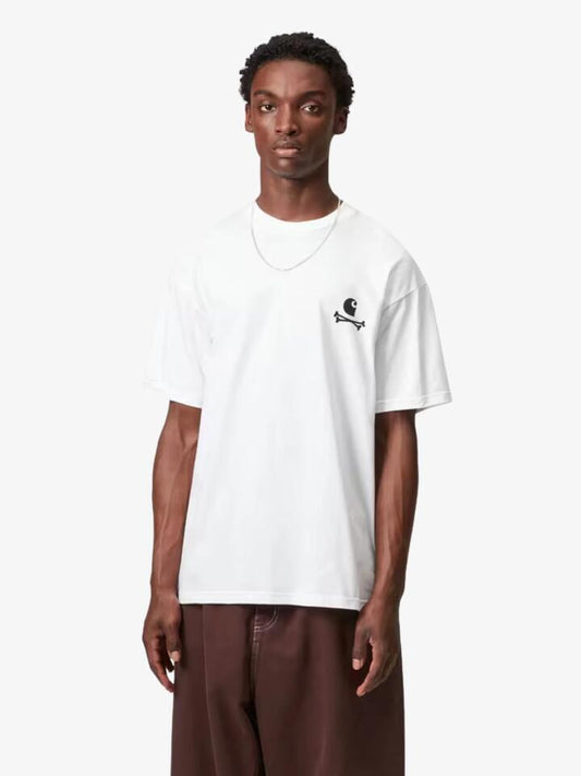 Image of a model wearing Shorts. Productname: Carhartt Wip Short Sleeve C Logo Archive T-Shirt in White colour by brand - Carhartt Wip