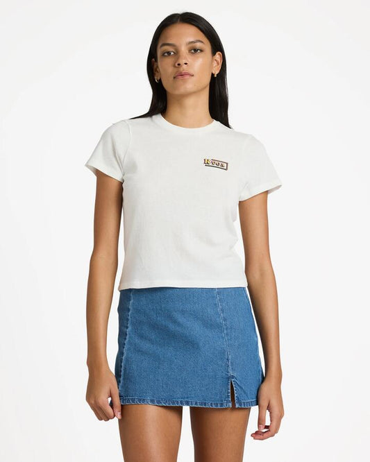 Image of a model wearing Skirts. Product name - RVCA Womens Harlow Mini Skirt Crystal Blue in Crystal Blue colour by brand - RVCA