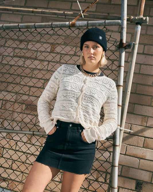 Image of a model wearing Outerwear. Productname: volcom - Womens Baby Gurrl Cardigan - Bone - in Bone colour by brand - volcom