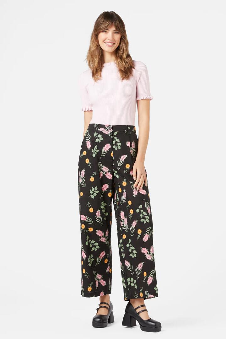 Image of a model wearing Pants. Productname: Wild Flower Pant in Black colour by brand - Princess Highway