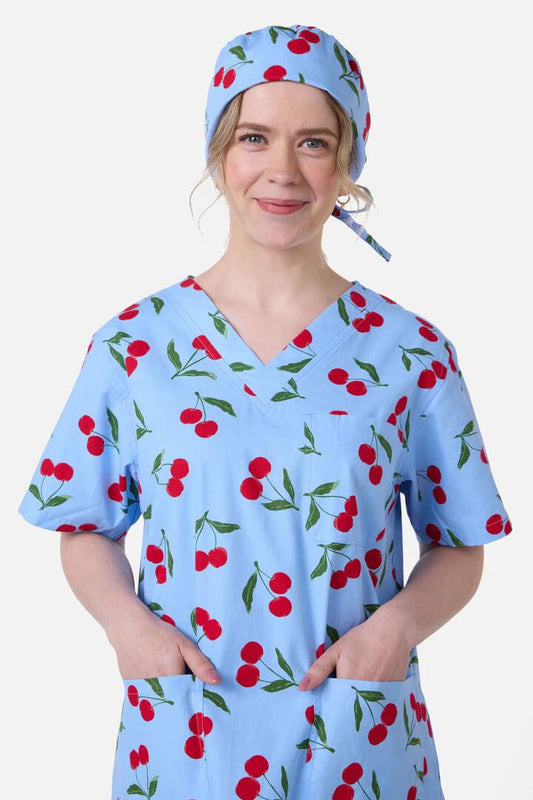 Image of Hats. Productname: Cherry Scrub Hat in Blue colour by brand - Scrubs With Love