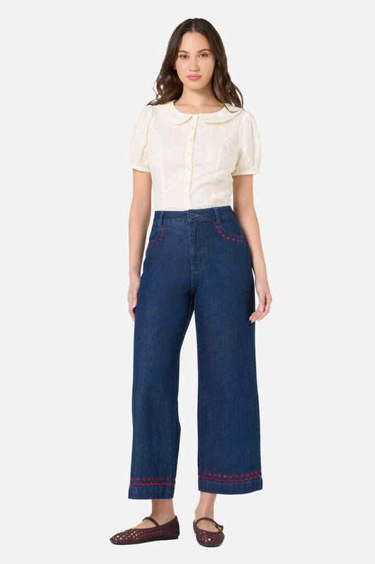 Image of Jeans. Product name - Sweet Heart Embroidered Jean in Dark Denim colour by brand - Princess Highway