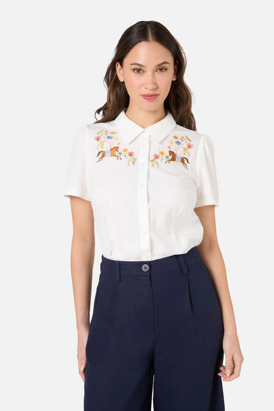 Image of Blouses. Product name - Horse & Flower Embroidered Blouse in Cream colour by brand - Princess Highway