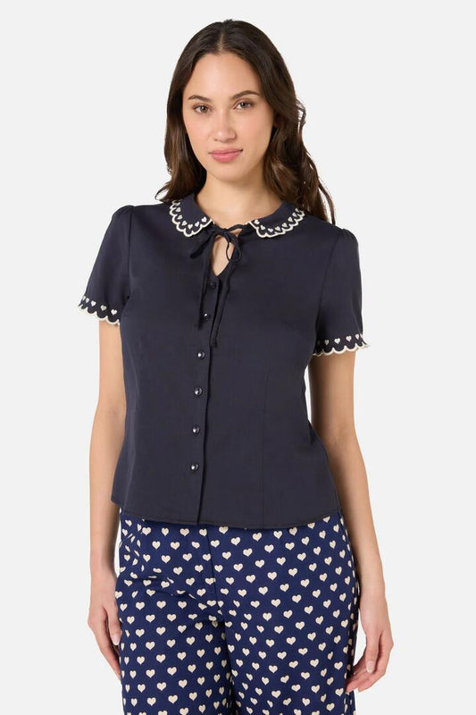 Image of Blouses. Product name - Sweet Heart Embroidered Blouse in Navy colour by brand - Princess Highway
