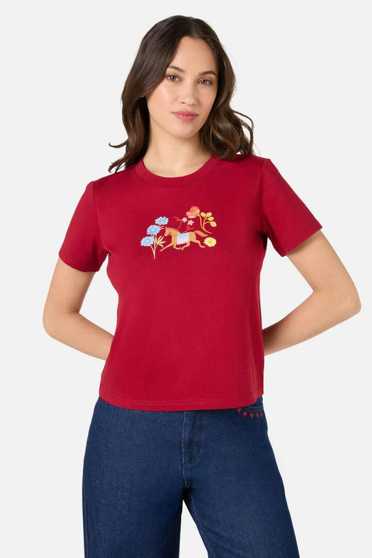 Image of a model wearing Tops. Productname: Horse & Flower Printed Tee in Red colour by brand - Princess Highway